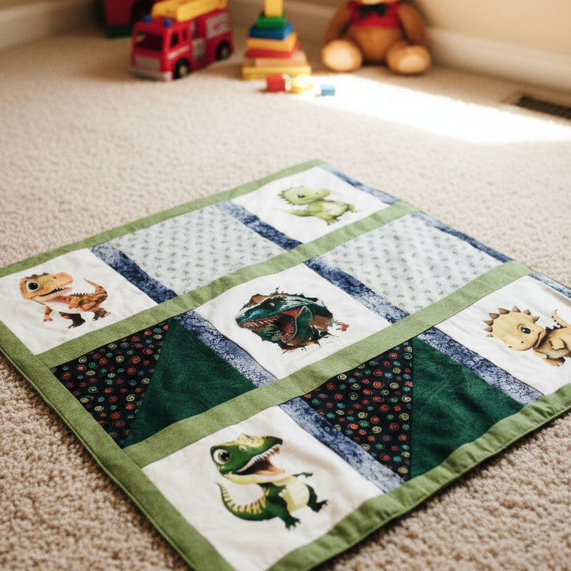 Blue Dinosaur Knee Quilt – Handmade from Fabric Remnants