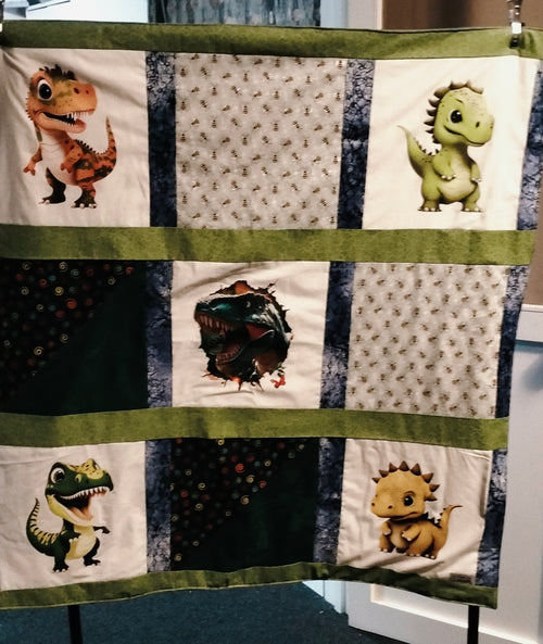 Blue Dinosaur Knee Quilt – Handmade from Fabric Remnants