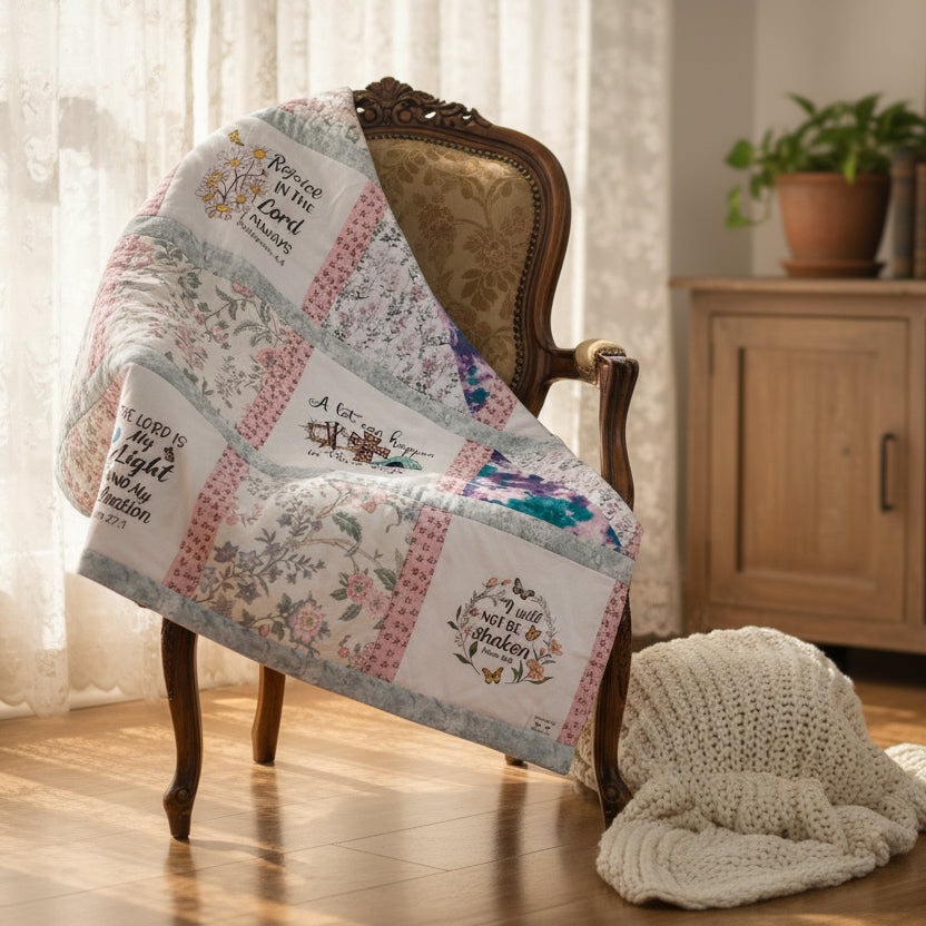 Quilt with embroidered squares featuring text and designs on a dark background