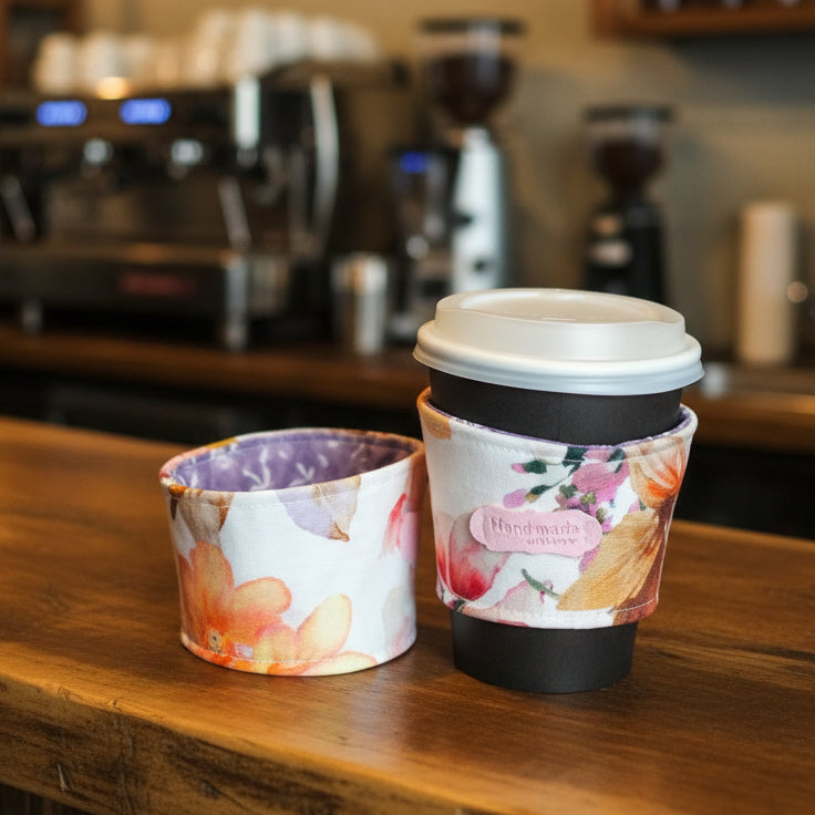 A floral paper coffee cup sleeve with a white lid on a black disposable cup, shown next to its matching inner cup liner on a dark red textured fabric background.