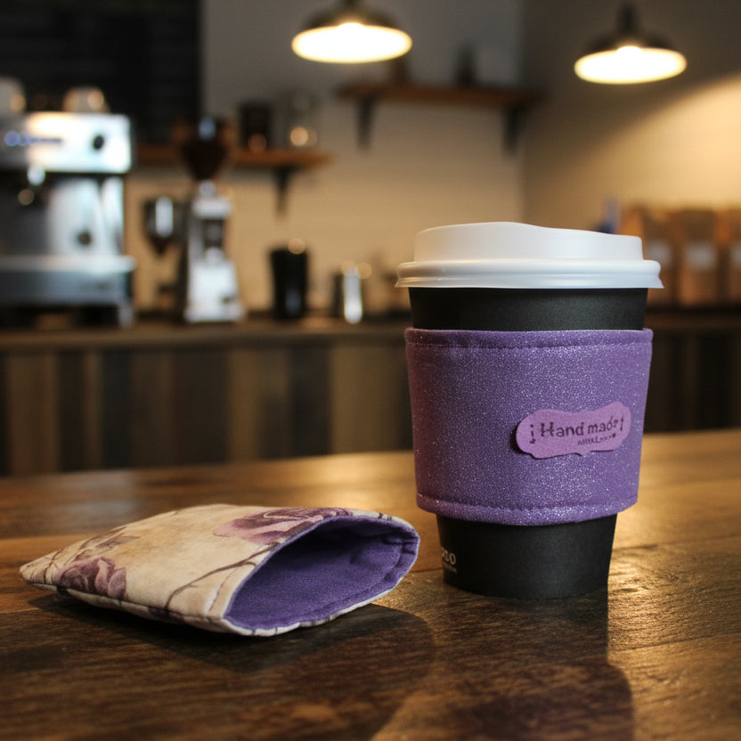 A purple glitter fabric coffee cup sleeve with a matching floral-patterned inner liner and a white lid, displayed next to the liner on a burgundy fabric backdrop.